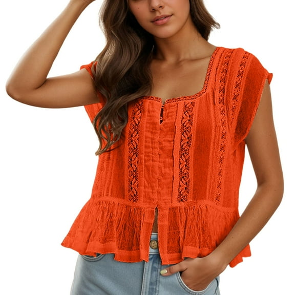 Lixiuxyad Summer Fashion Basic Tee Women Ruffle Bow Tie Peplum Tops Boho Sheer Flowy Short Sleeve Blouse Lace Eyelet Frilly Top Shirt,Red L
