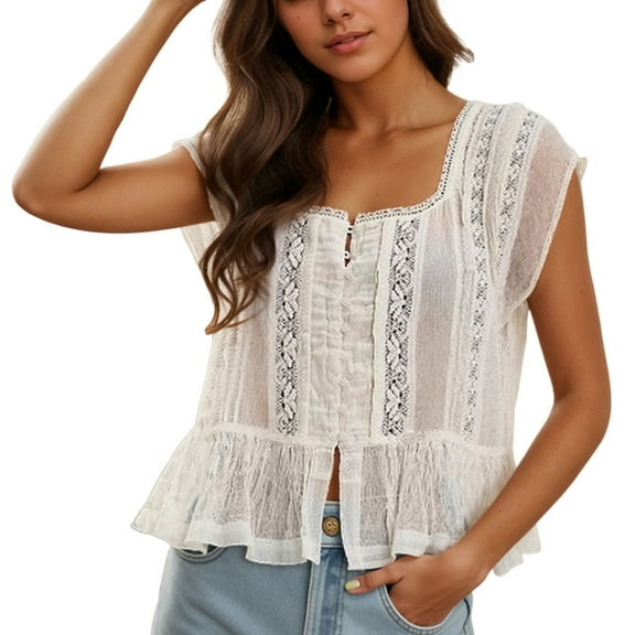 Lixiuxyad Summer Fashion Basic Tee Women Ruffle Bow Tie Peplum Tops Boho Sheer Flowy Short Sleeve Blouse Lace Eyelet Frilly Top Shirt,White M