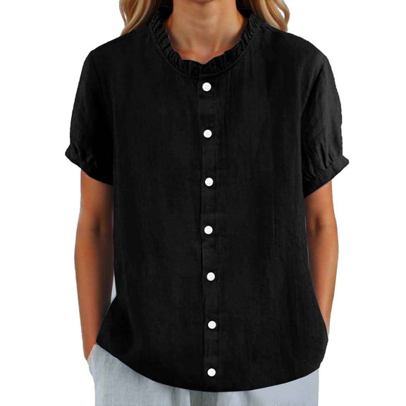 Lixiuxyad Summer Fashion Basic Tee Women Solid Round Neck Casual Stand Up Collar Button Short Sleeve T Shirt Top,Black L