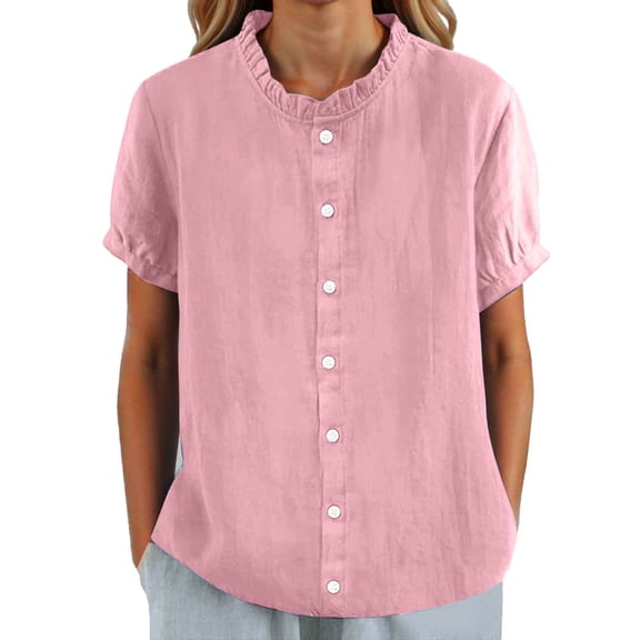 Lixiuxyad Summer Fashion Basic Tee Women Solid Round Neck Casual Stand Up Collar Button Short Sleeve T Shirt Top,Red XL