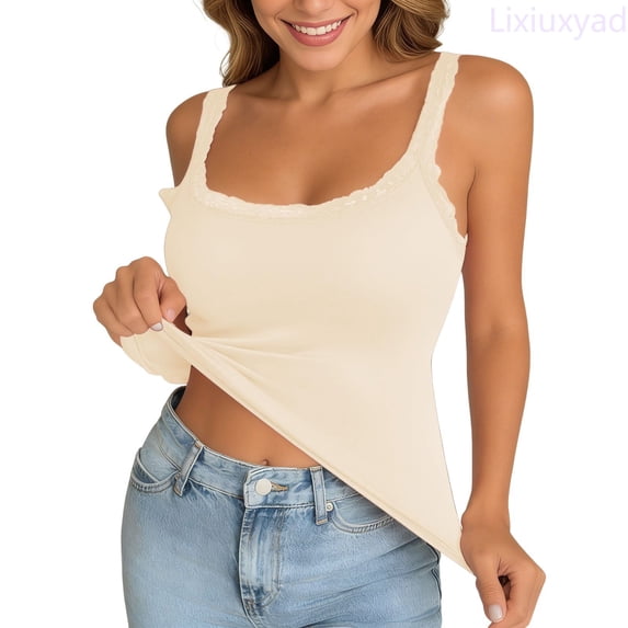Lixiuxyad Summer Tank Tops Tank With Built In Bras Lace Spaghetti Strap Camisole Casual Padded Sleeveless Ribbed Shirts,Beige