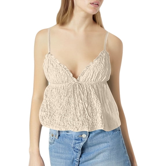 Lixiuxyad Summer Tank Tops Women's Pleated V Neck Sleeveless Tank Top French Style Elegant Blouse For Casual Wear(Beige M)
