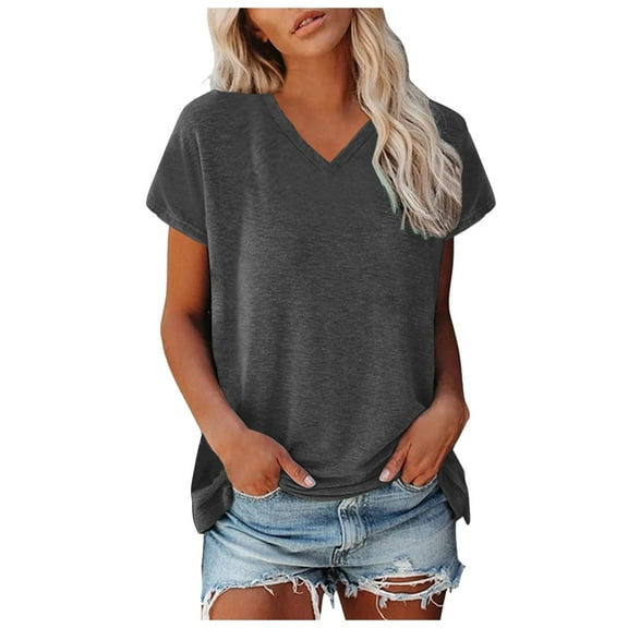 Lixiuxyad Summer Trendy Clothes Women Cap Sleeve Summer Casual Tops V Neck Solid Color Casual Shirts Loose Fit Blouse,Gray XXXXL