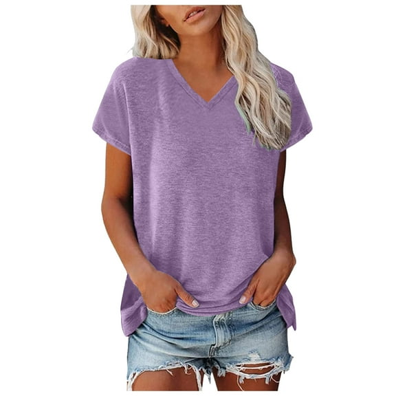 Lixiuxyad Summer Trendy Clothes Women Cap Sleeve Summer Casual Tops V Neck Solid Color Casual Shirts Loose Fit Blouse,Purple XXXL