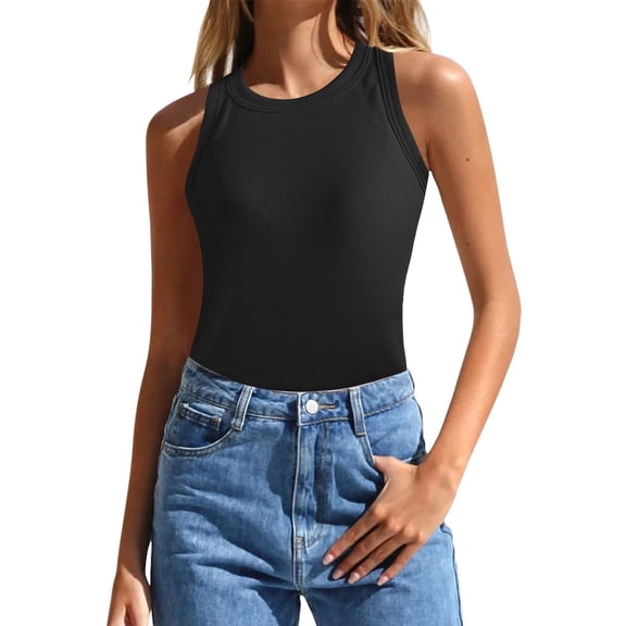 Lixiuxyad Summer Womens Tank Tops 2025 Summer Sleeveless Tank Tops Ribbed High Neck Racerback Slim Fitted Color Block Casual Shirts(Black L)