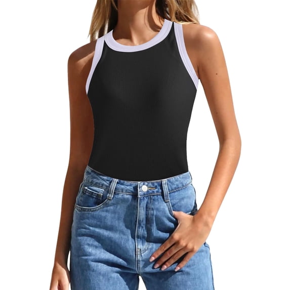 Lixiuxyad Summer Womens Tank Tops 2025 Summer Sleeveless Tank Tops Ribbed High Neck Racerback Slim Fitted Color Block Casual Shirts(Clear S)