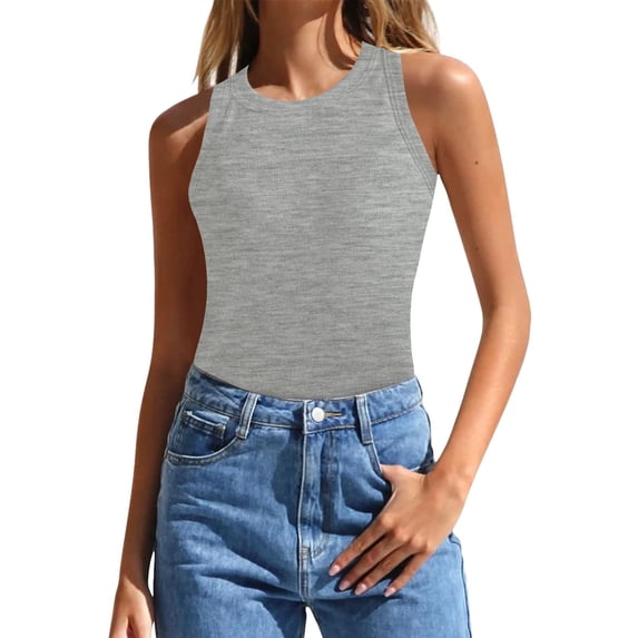 Lixiuxyad Summer Womens Tank Tops 2025 Summer Sleeveless Tank Tops Ribbed High Neck Racerback Slim Fitted Color Block Casual Shirts(Silver M)