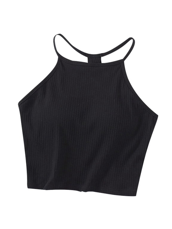 Summer Womens Tank Tops Women's Solid Color Threaded Chest Pad With Exposed Navel Strap Hanging Neck With Cotton Bra Thin Shoulder Strap Cup And Cup Integrated Sports Top(Black S)