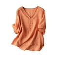 thumbnail image 1 of Lixiuxyad T Shirts For Women Summer Loose Fit Pure Color V Neck Linen T Shirt Women's Casual Short Sleeve Top,Orange L, 1 of 3