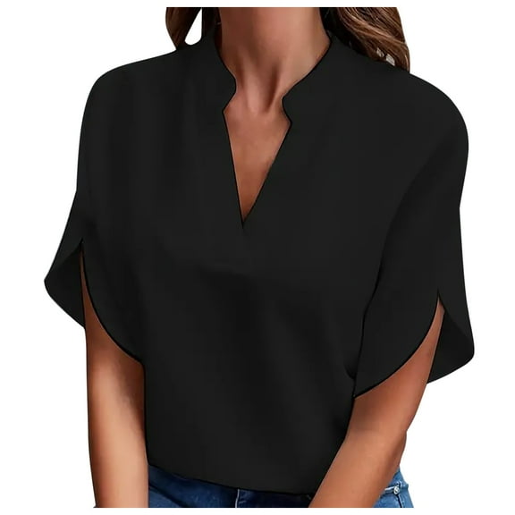 Lixiuxyad T Shirts For Women Women's Cold Shoulder Tops Summer Fashion Short Sleeve V Neck Casual Loose Solid Color Blouse Shirts,Black L