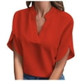 thumbnail image 1 of Lixiuxyad T Shirts For Women Women's Cold Shoulder Tops Summer Fashion Short Sleeve V Neck Casual Loose Solid Color Blouse Shirts,Red XL, 1 of 5
