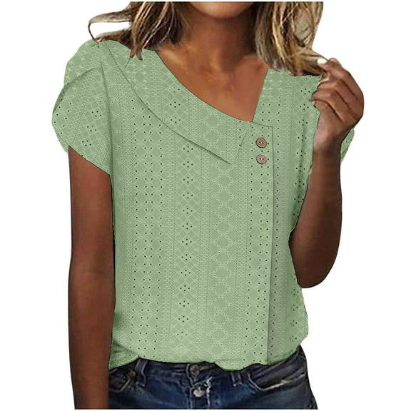 Lixiuxyad T Shirts For Women Women's Solid Color V Neck Button Flower Sleeve Short Sleeve T Shirt Top,Green M