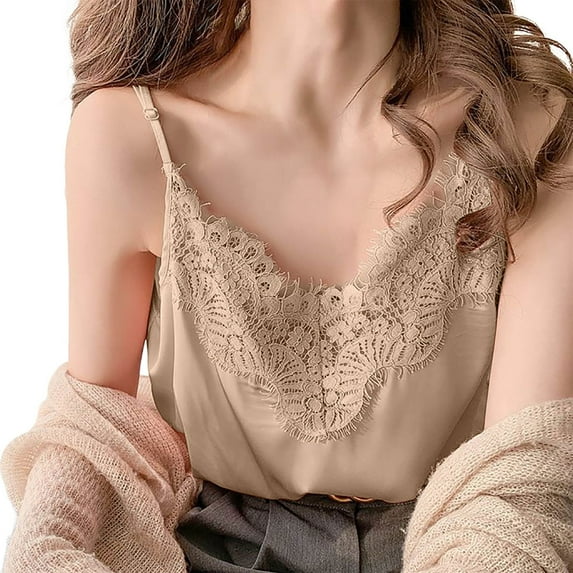 Lixiuxyad Tank Top Camisole Women's Sexy V Neck Satin Camisole With Lace Trim Casual Tank Top For Daily Wear Spring Summer Fashion Blouse(Gold XL)