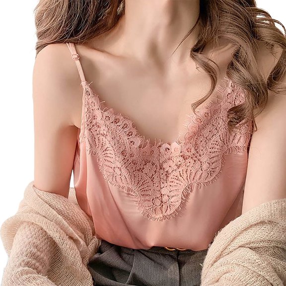 Lixiuxyad Tank Top Camisole Women's Sexy V Neck Satin Camisole With Lace Trim Casual Tank Top For Daily Wear Spring Summer Fashion Blouse(Pink S)
