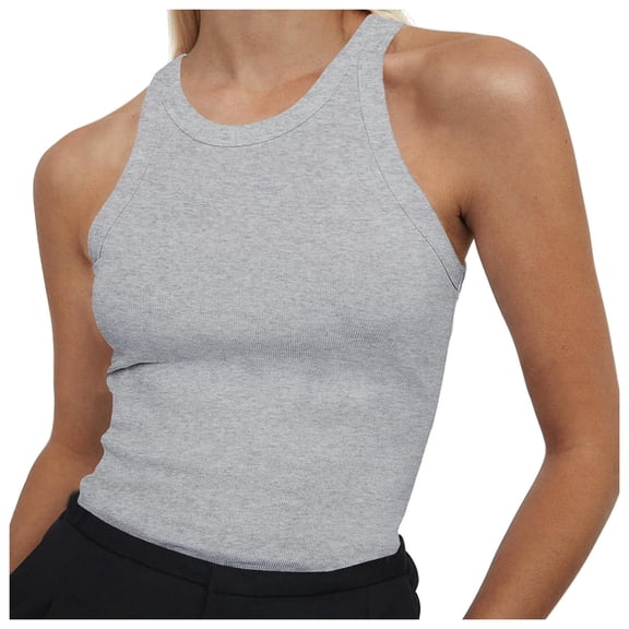 Lixiuxyad Tank Top Camisole Women's Sleeveless Full Length Cotton Ribbed Fitted Racerback Crew High Neck Basic Tank Top(Gray S)