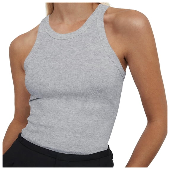 Lixiuxyad Tank Top Camisole Women's Sleeveless Full Length Cotton Ribbed Fitted Racerback Crew High Neck Basic Tank Top(Gray XS)