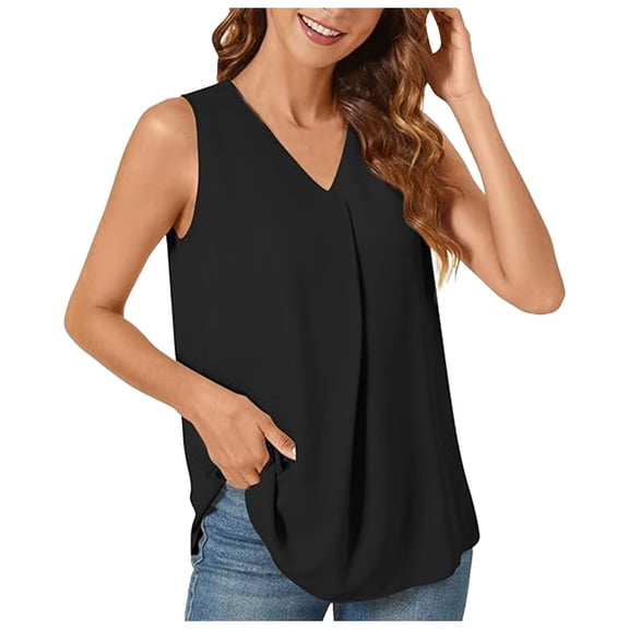 Lixiuxyad Tank Tops With Built In Bras Women's Casual Tank Tops 2025 Summer Dressy Chiffon Blouses V Neck Sleeveless Tunic Tops Office Cute Work Shirts(Black L)