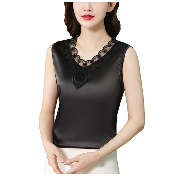 Lixiuxyad Tank Tops Women V Neck Net Yarn Short Sleeved T Shirt Women's New Summer Fashion Lace Chic Undershirt Design Feeling Satin With A Coat(Black XXXL)