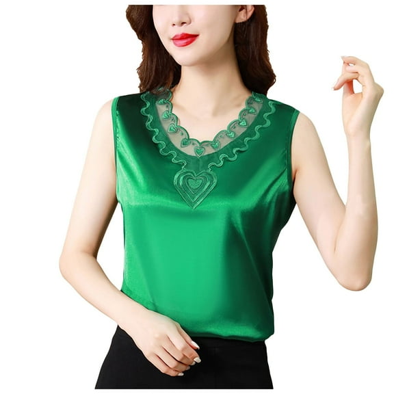 Lixiuxyad Tank Tops Women V Neck Net Yarn Short Sleeved T Shirt Women's New Summer Fashion Lace Chic Undershirt Design Feeling Satin With A Coat(Green L)