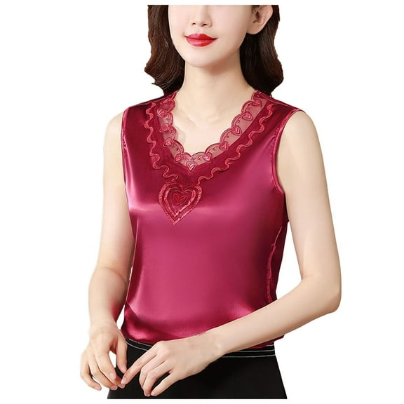 Lixiuxyad Tank Tops Women V Neck Net Yarn Short Sleeved T Shirt Women's New Summer Fashion Lace Chic Undershirt Design Feeling Satin With A Coat(Red L)