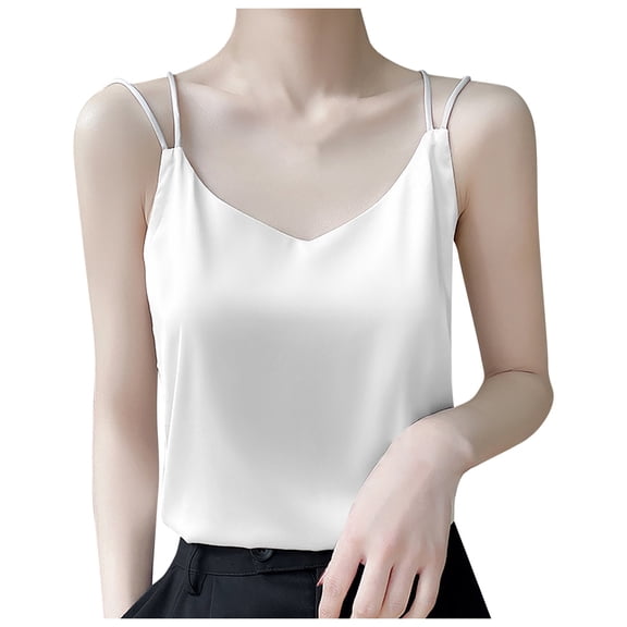 Lixiuxyad Tank Tops Women Womens Silk Satin Camisole Tank Tops V Neck Spaghetti Strap Blouses Back Sleeveless Shirt(White XXL)