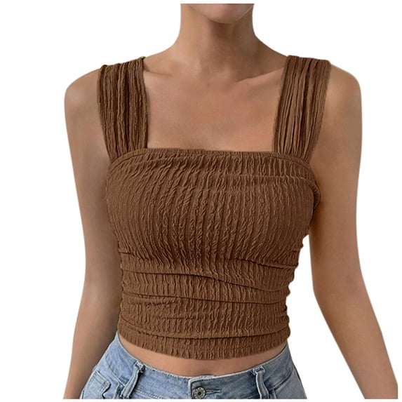 Lixiuxyad Tank Tops for Women Women's Solid Color Fashionable Sleeveless Open Navel Square Neck Shoulder Strap Vest Top(Brown XL)