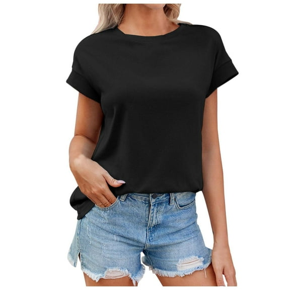 Lixiuxyad Tee Tshirts Elegant Loose Fit Women's Shirt Summer Round Neck Casual Short Sleeve Top For Girls Fashionable Basic Tee With Regular Shoulders,Black S