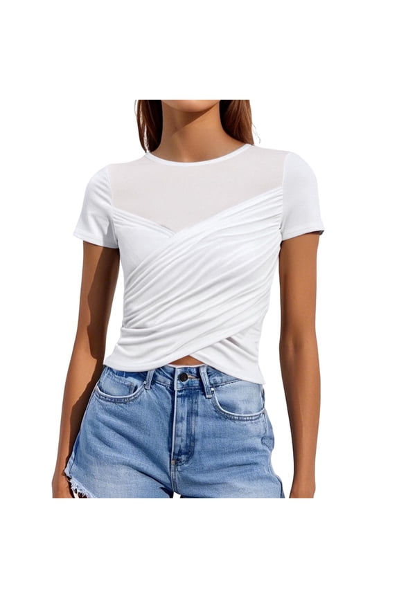 Tee Tshirts Women's Fashion Lace Wrap Short Top Slim Short Sleeve Pleated T Shirt,White XS
