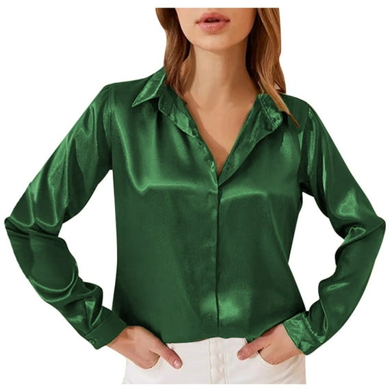 Lixiuxyad Thick V Neck Women's Fashionable Satin Casual Shirt Elegant Long Sleeve Blouse With Hidden Placket Solid Color Workwear