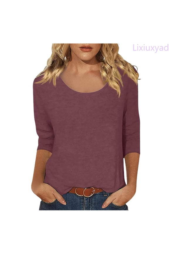 Trendy Cute T Shirts for Women Women's Casual Solid Color Print Scoop Neck Low Cut 3/4 Sleeve T Shirt Top,Red