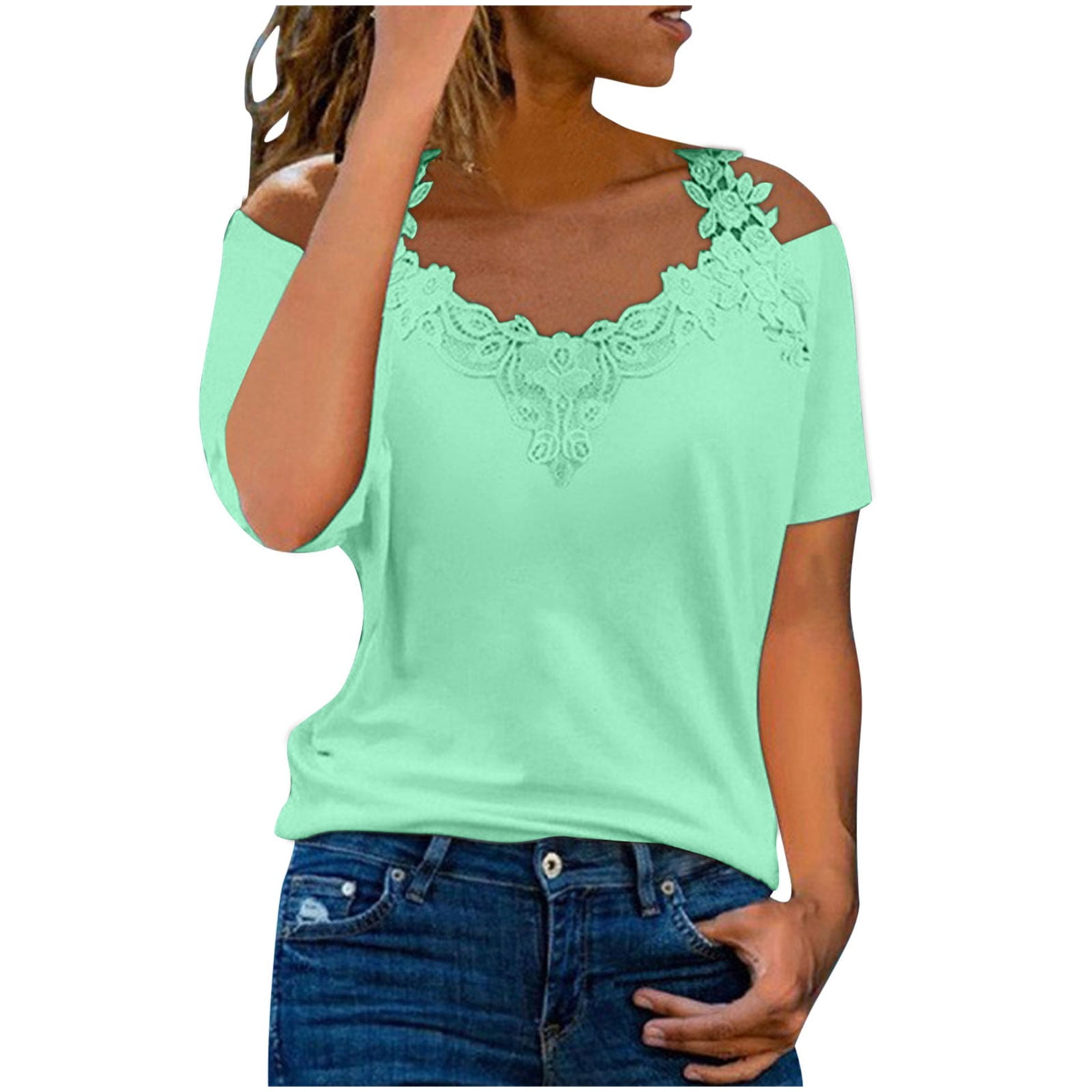 Lixiuxyad V Neck T Shirts For Women Womens Sexy Lace Solid Short Sleeve ...