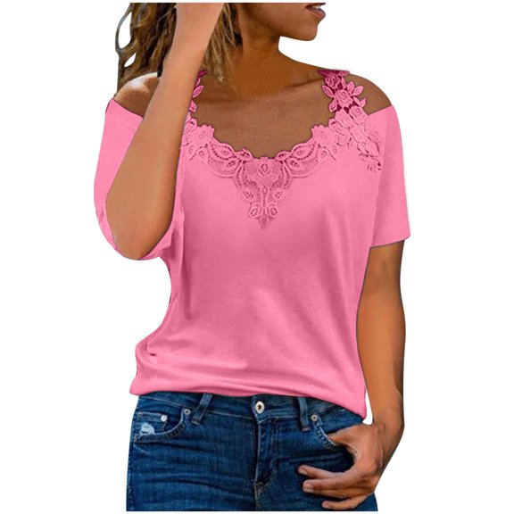 Lixiuxyad V Neck T Shirts For Women Womens Sexy Lace Solid Short Sleeve Casual T Shirt Blouse Tops,Pink L