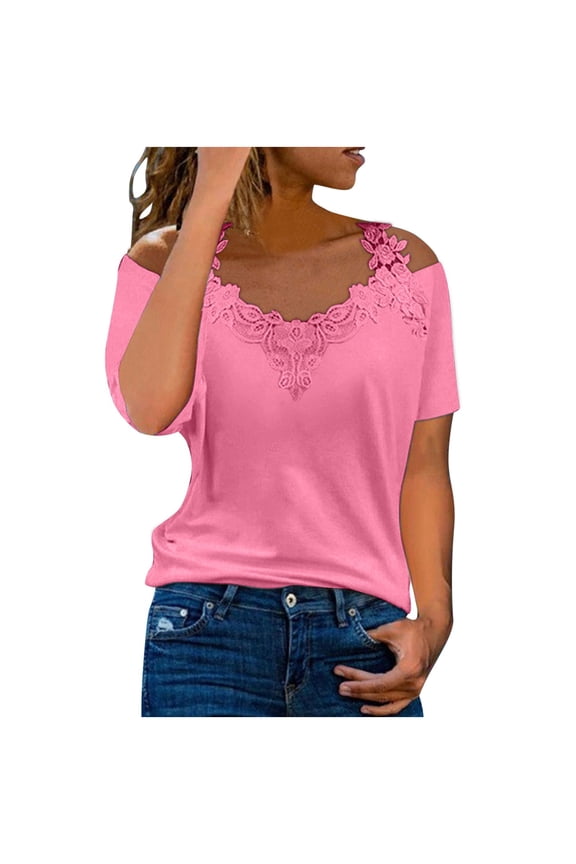 V Neck T Shirts For Women Womens Sexy Lace Solid Short Sleeve Casual T Shirt Blouse Tops,Pink L