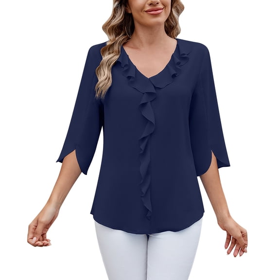 Lixiuxyad Woman Chiffon Blouses Chiffon Blouse With Mid Length Sleeves V Neck Pleated Ruffle Trim Loose Fit For Women