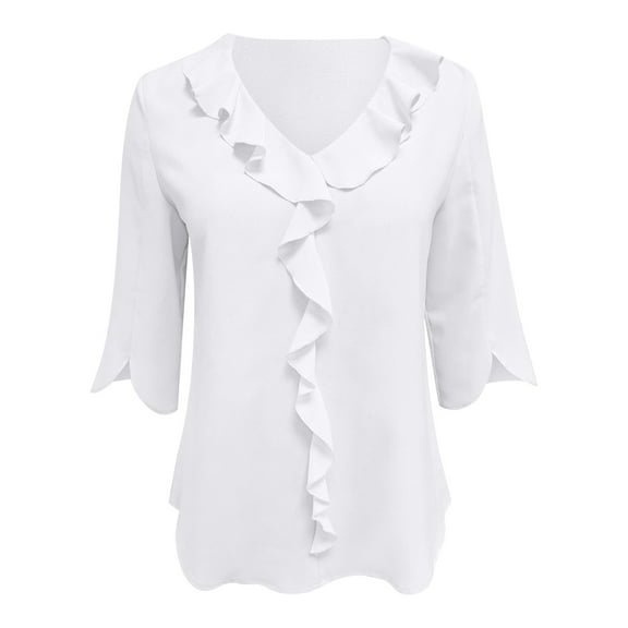 Lixiuxyad Woman Chiffon Blouses Chiffon Blouse With Mid Length Sleeves V Neck Pleated Ruffle Trim Loose Fit For Women