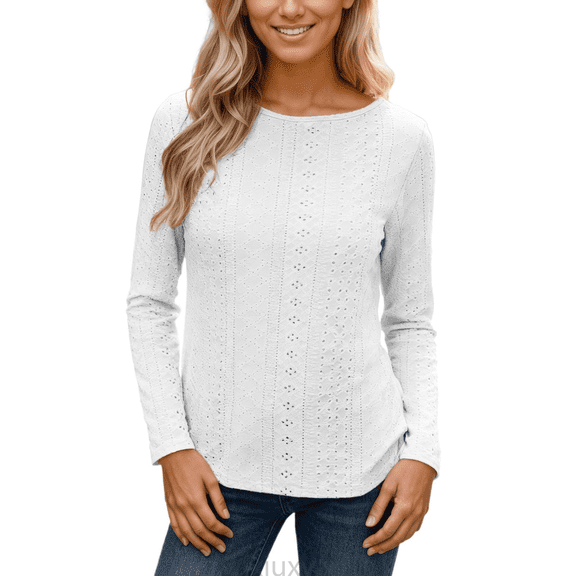 Lixiuxyad Women Basic Tee Autumn Winter Fashion Knitted T Shirt Long Sleeve Crew Neck Casual Top With Lace Back Design And Mesh Detailing For A Stylish,White