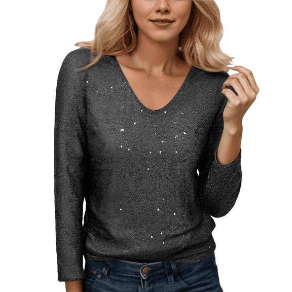 Lixiuxyad Women Basic Tee Elegant Glittering Long Sleeve Tee For Subtle Shine Blouse With Sophisticated Everyday Vibe For Work And Casual,Black