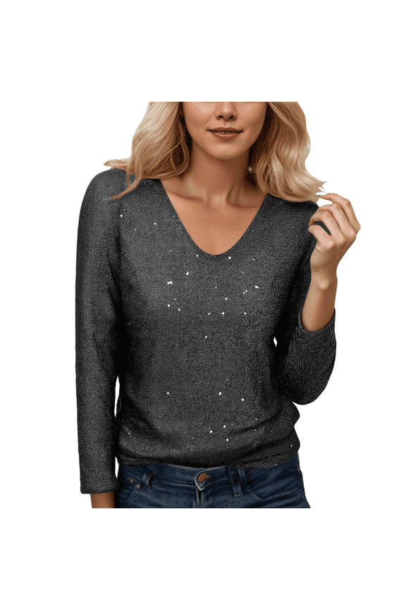 Women Basic Tee Elegant Glittering Long Sleeve Tee For Subtle Shine Blouse With Sophisticated Everyday Vibe For Work And Casual,Black