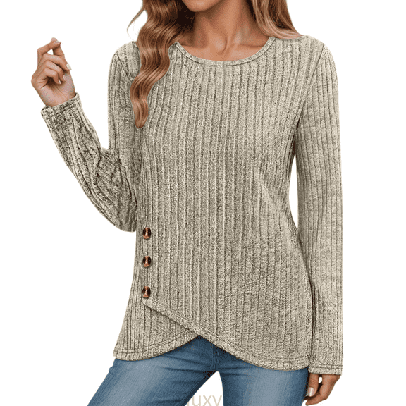 Lixiuxyad Women Basic Tee Fall Winter Slim Fit Long Sleeve T Shirt Ribbed Stretchy Basic Top Comfortable Round Neck Casual Tunic Shirt For Daily Wear,Beige