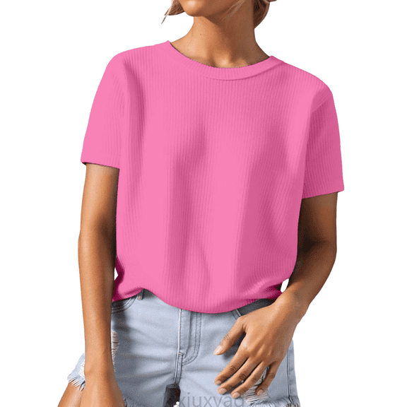 Lixiuxyad Women Basic Tee Knit Short Sleeve Crewneck T Shirt Top Casual Yarn Textured Tee Shirt For Everyday Comfortable Wear,Pink