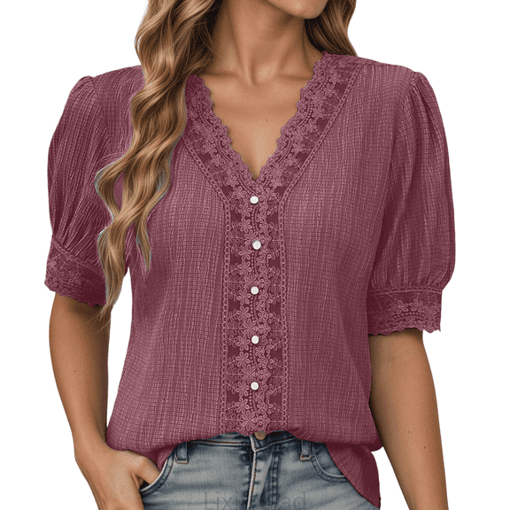 Lixiuxyad Women Basic Tee Lace Trim V Neck Puff Sleeve Button Down Blouses Dressy Summer Tees Shirts For Work Casual,Red