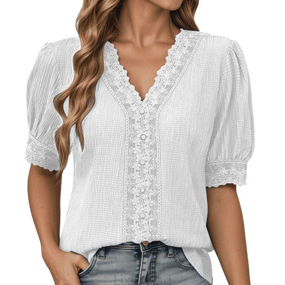 Lixiuxyad Women Basic Tee Lace Trim V Neck Puff Sleeve Button Down Blouses Dressy Summer Tees Shirts For Work Casual,White