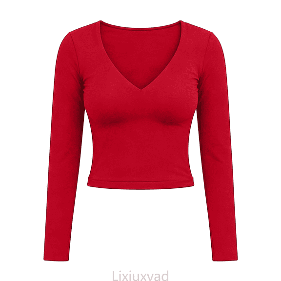 Lixiuxyad Women Basic Tee Long Sleeve T Shirt Comfortable Loose Fit Casual Top With Black Collar Elegant And Basic Tee For Daily Wear,Red
