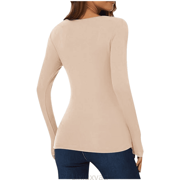 Lixiuxyad Women Basic Tee Long Sleeve T Shirt Solid Color Basic Casual Top Comfortable Round Neck Shirt For Everyday Wear Soft Breathable Fabric Blouse For Layering,Beige