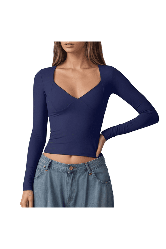 Women Basic Tee Long Sleeve Turtleneck Top With Double Seamless Support Built In Bra For A Comfortable And Flattering Fit,Blue