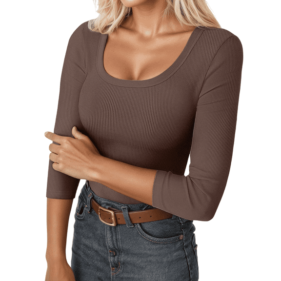 Lixiuxyad Women Basic Tee Ribbed Knit Fitted Casual Long Sleeve T Shirt Quarter Length Tee Shirt Comfortable Stretch Basic Shirts,Brown