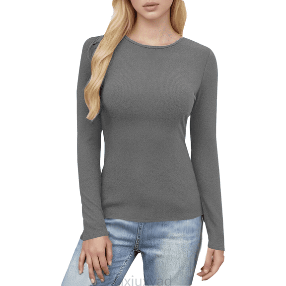 Lixiuxyad Women Basic Tee Ribbed Knit Long Sleeve Crewneck T Shirt Soft Stretchy Casual Basic Top For Everyday Comfort And Style,Gray
