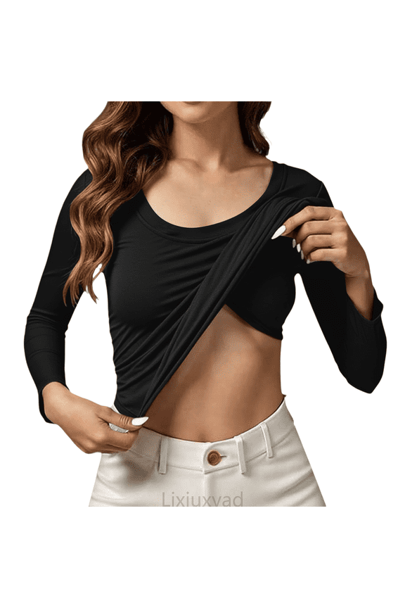 Women Basic Tee Seamless Moda Long Sleeve T Shirt With Built In Bra For Yoga Fitness And Everyday Comfort,Black