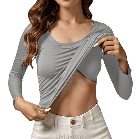 Lixiuxyad Women Basic Tee Seamless Moda Long Sleeve T Shirt With Built In Bra For Yoga Fitness And Everyday Comfort,Gray