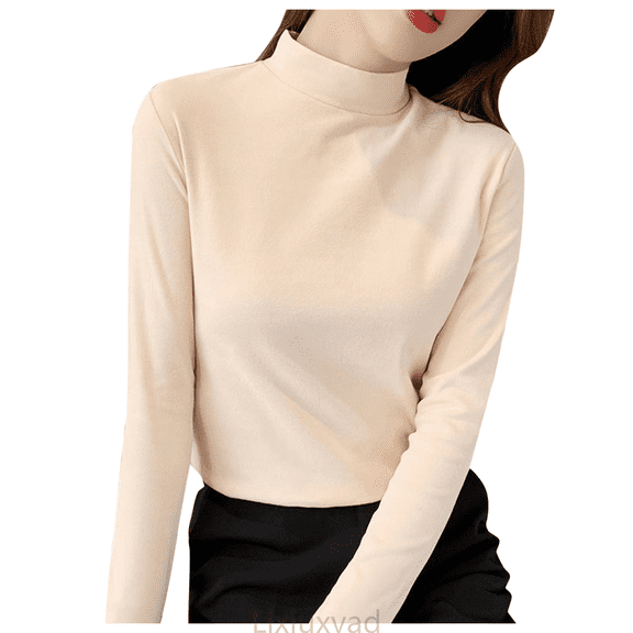 Lixiuxyad Women Basic Tee Semi Turtleneck Thermal Slim Fit Long Sleeve Top Stretch Soft Comfortable Base Layer Shirt For Casual Wear,Beige
